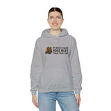 Unisex gray hoodie with the text 'My Boots Have More Miles Than Your Car' for hikers and outdoor enthusiasts.