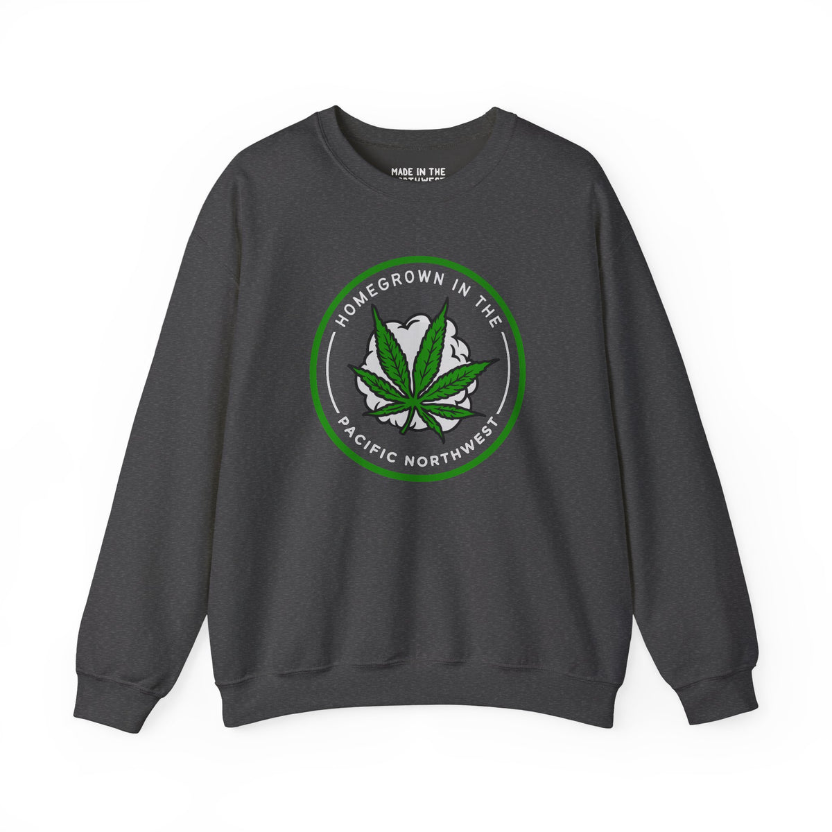Homegrown Vibes sweatshirt featuring a marijuana leaf and mountains celebrating Pacific Northwest culture.
