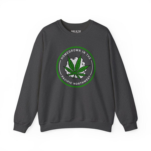 Homegrown Vibes sweatshirt featuring a marijuana leaf and mountains celebrating Pacific Northwest culture.