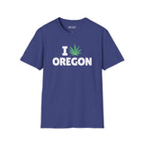 I Marijuana Oregon T Shirt displayed on a navy blue background with a cannabis leaf graphic.