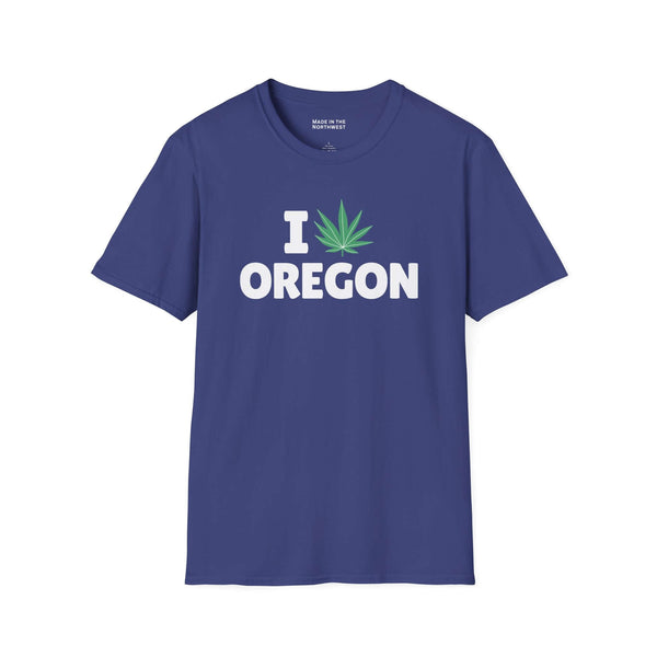 I Marijuana Oregon T Shirt displayed on a navy blue background with a cannabis leaf graphic.