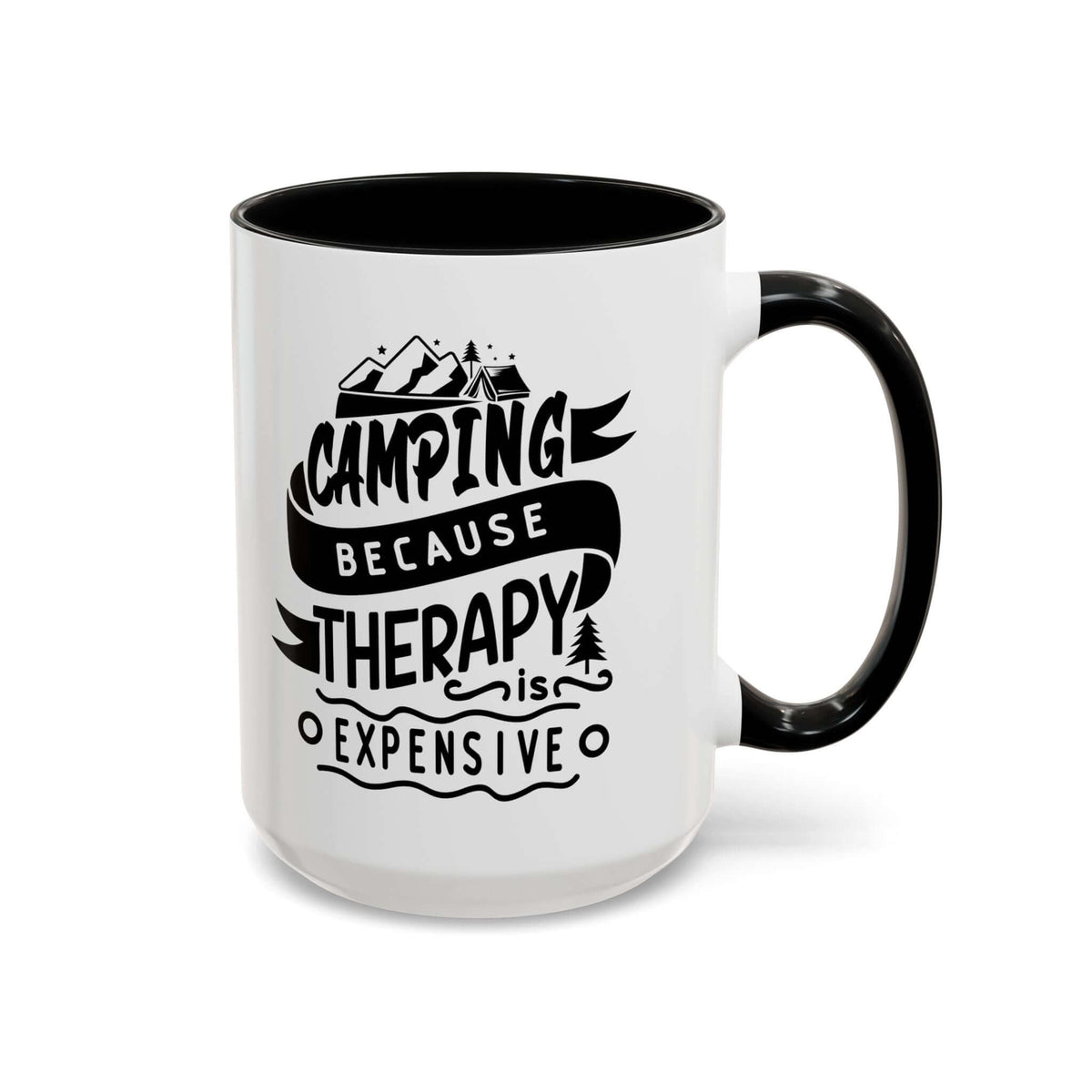 Camping Because Therapy Is Expensive mug with bold text and mountain design on a white background.