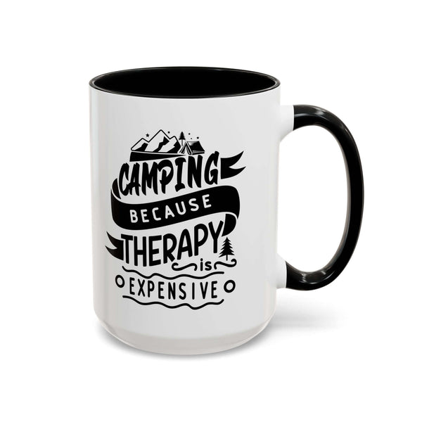 Camping Because Therapy Is Expensive mug with bold text and mountain design on a white background.