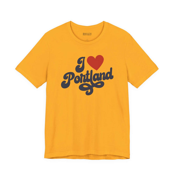 I love Portland t shirt in yellow with cursive design, showcasing hometown pride and creativity.