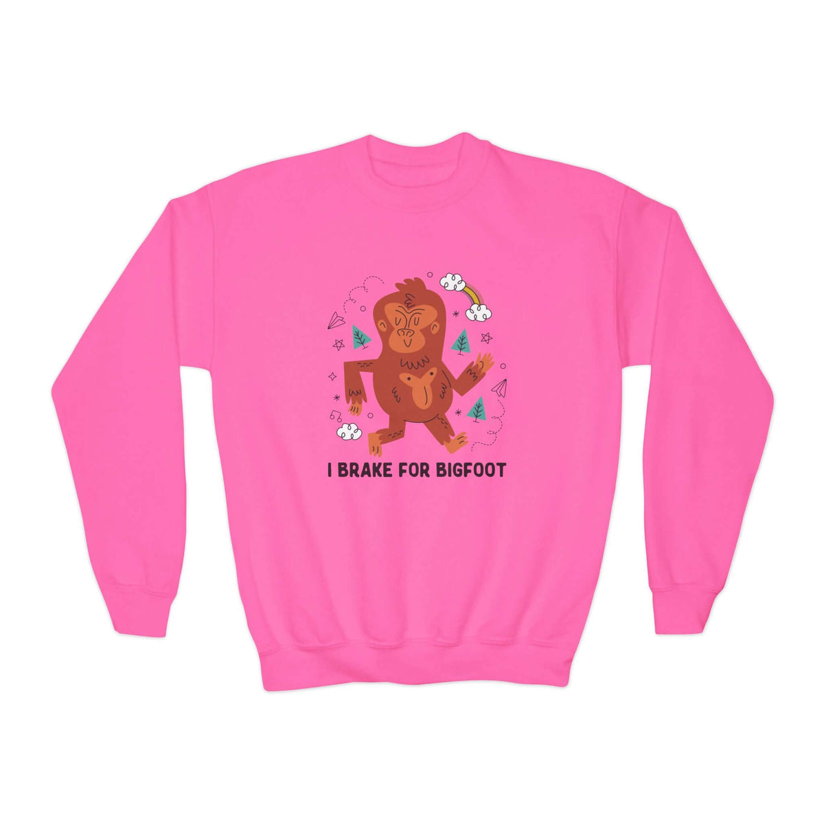 Pink kids sweatshirt with "I Brake for Bigfoot" and playful Bigfoot design, perfect for young adventurers and nature enthusiasts.