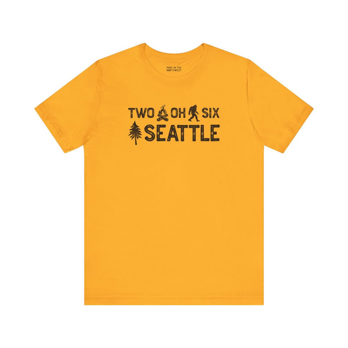 Two Oh Six Roots premium soft tee in yellow, featuring Seattle area code text with axe and tree design.