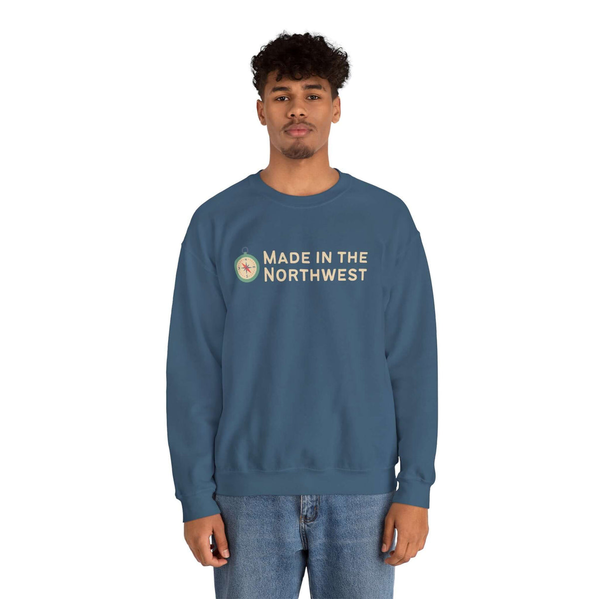 A model wearing the Made in the Northwest Sweatshirt, showcasing regional pride and adventure spirit.