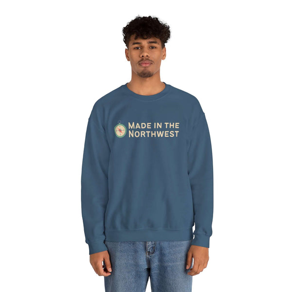 A model wearing the Made in the Northwest Sweatshirt, showcasing regional pride and adventure spirit.