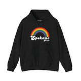 Retro Spokane Pride hoodie featuring a colorful rainbow design celebrating inclusivity and LGBTQ+ love.