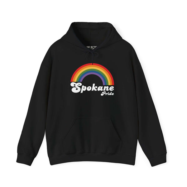 Retro Spokane Pride hoodie featuring a colorful rainbow design celebrating inclusivity and LGBTQ+ love.