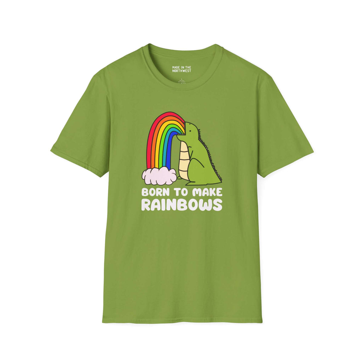 Green t-shirt featuring a dinosaur creating a rainbow with the text 'Born to Make Rainbows'.
