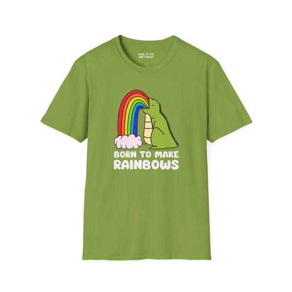 Green t-shirt featuring a dinosaur creating a rainbow with the text 'Born to Make Rainbows'.