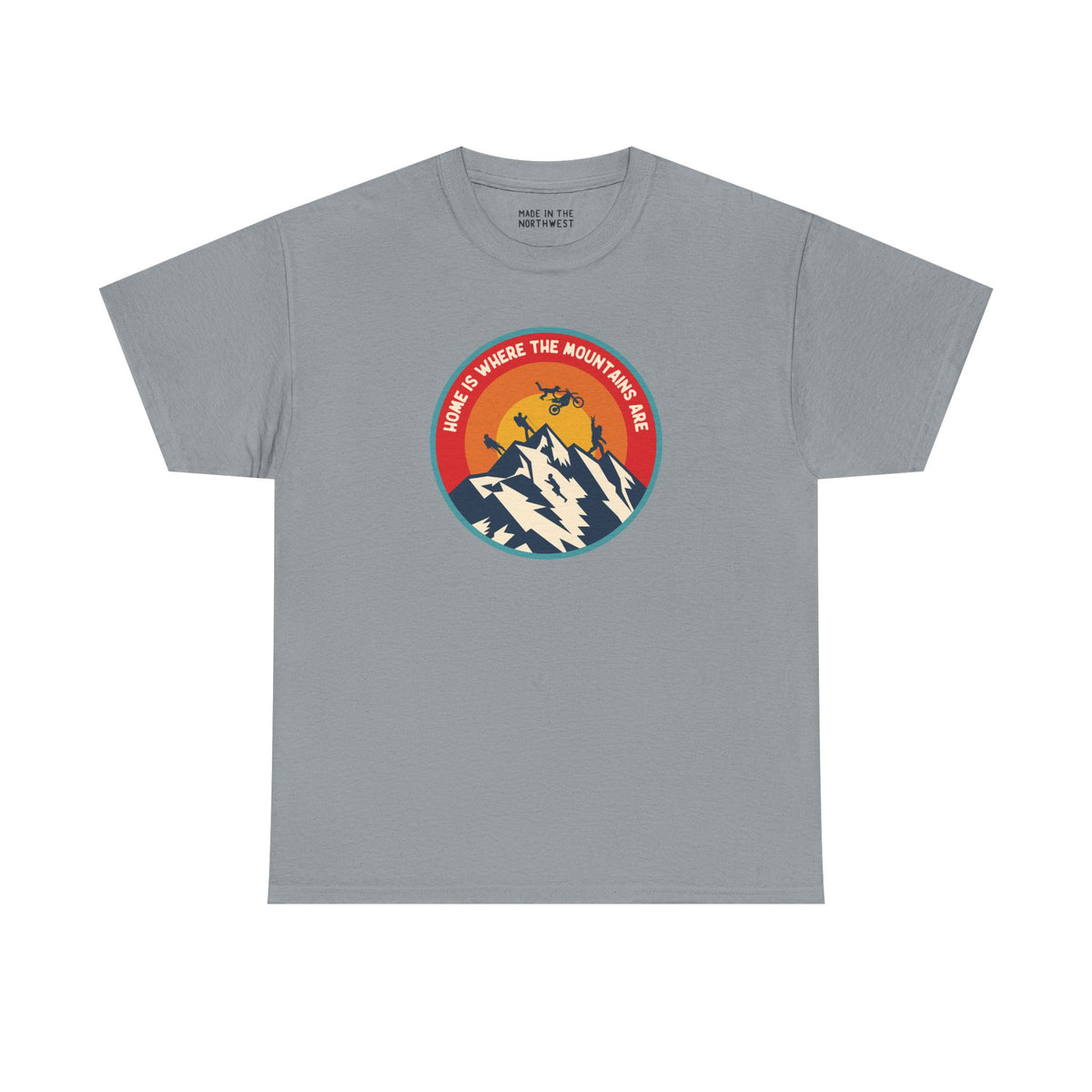 Home is Where the Mountains Are athletic tee featuring vibrant mountain and sun design for outdoor enthusiasts.