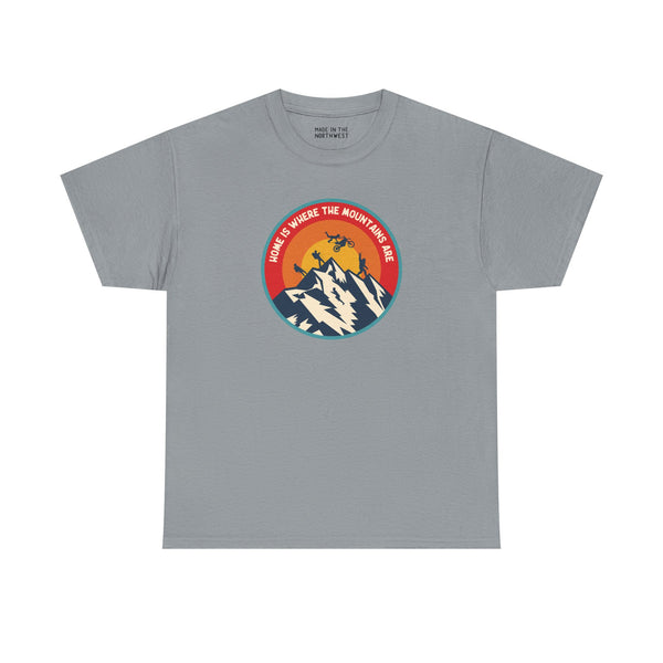 Home is Where the Mountains Are athletic tee featuring vibrant mountain and sun design for outdoor enthusiasts.