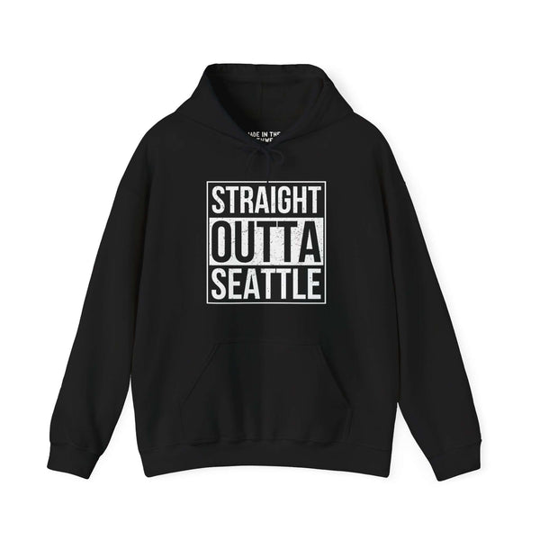 Black "Straight Outta Seattle" hoodie with bold white lettering, inspired by classic urban streetwear design.