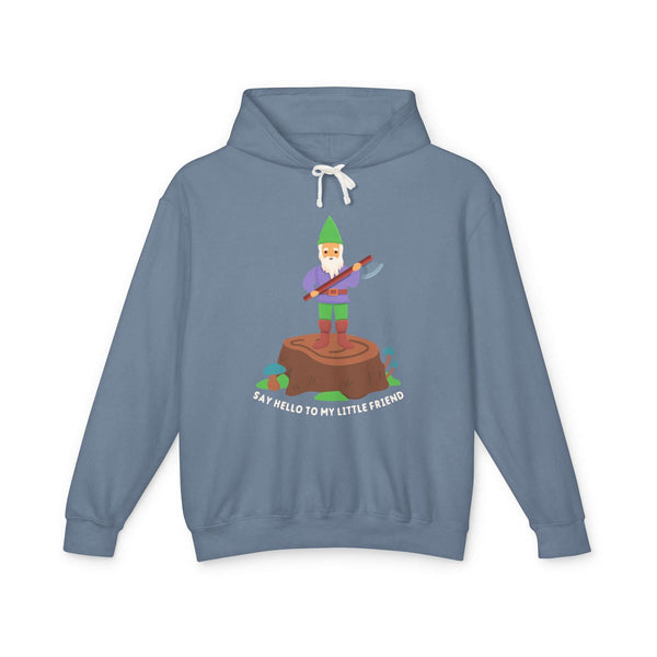 Say Hello to My Little Friend hoodie featuring a gnome with an axe on a stump, perfect blend of humor and style.