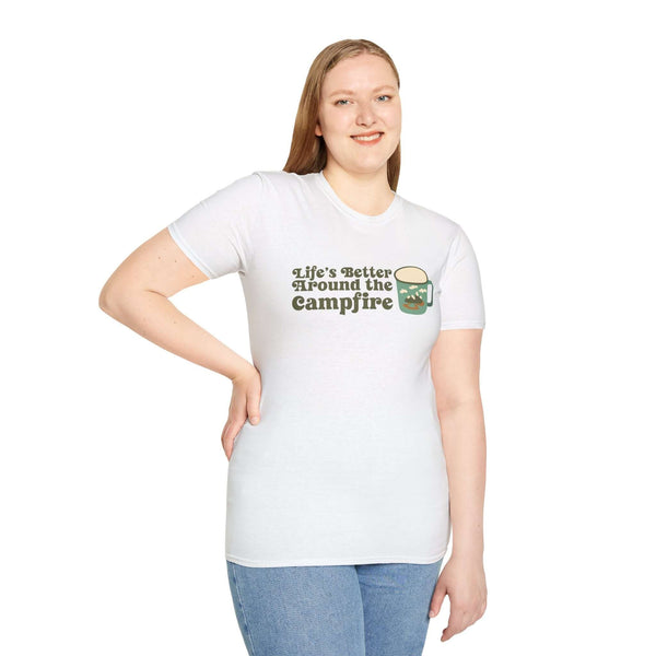 Model wearing a white 'Life's Better Around the Campfire' unisex softstyle t-shirt, ideal for camping and outdoor adventures.