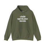 Chill Spokane Mom cozy hoodie in olive green, perfect for outdoor adventures and relaxing weekends.