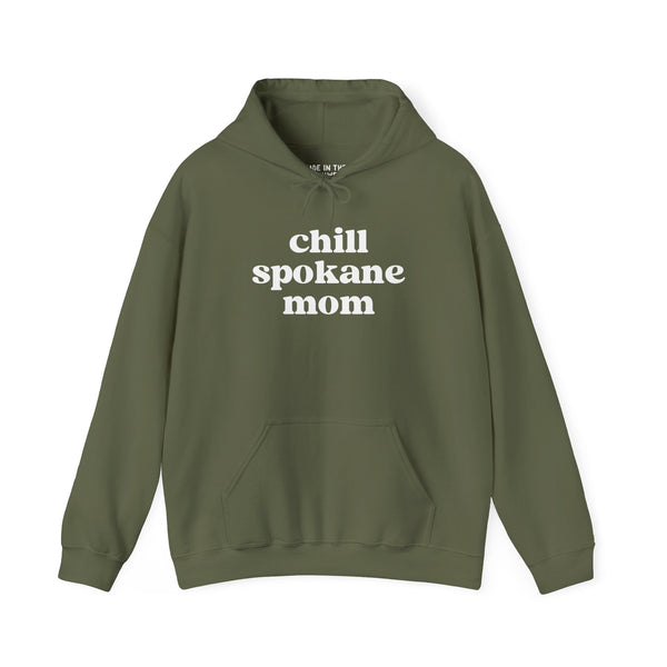 Chill Spokane Mom cozy hoodie in olive green, perfect for outdoor adventures and relaxing weekends.