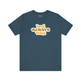 love always wins t shirt featuring colorful typography on a navy background
