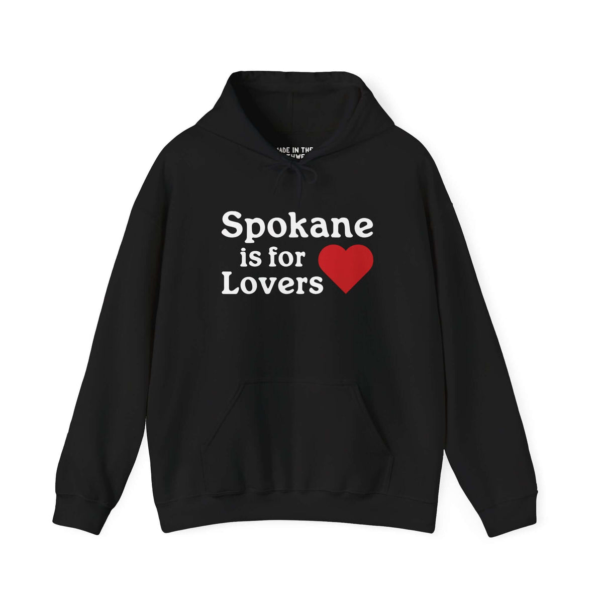 Black hoodie with "Spokane is for Lovers" text and red heart, celebrating Spokane's charm and pride.