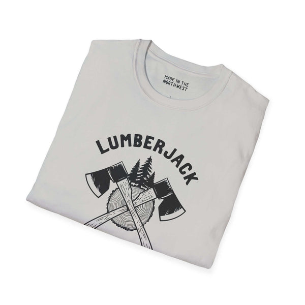 Lumberjack of All Trades softstyle t-shirt folded with axe and tree design, celebrating hard work and rugged lifestyles.