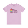 Big Queer Energy premium soft tee in light purple featuring a battery graphic, celebrating pride and authenticity.