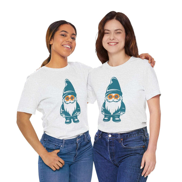 Two women wearing teal gnome t-shirts with daisy sunglasses design, symbolizing fun and whimsy in casual fashion.