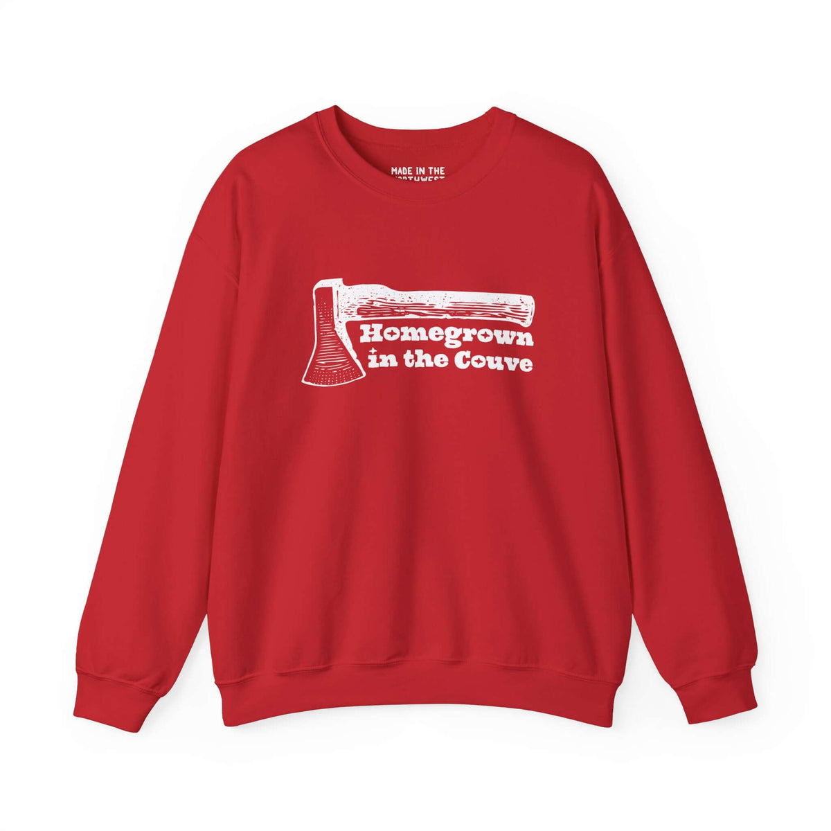 Red "Homegrown in the Couve" sweatshirt with illustrated axe design, showcasing Vancouver's local pride and rustic charm.