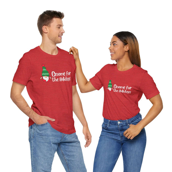 Couple wearing Gnome for the Holidays premium soft tee, festive red design featuring a Christmas gnome, perfect for the season.