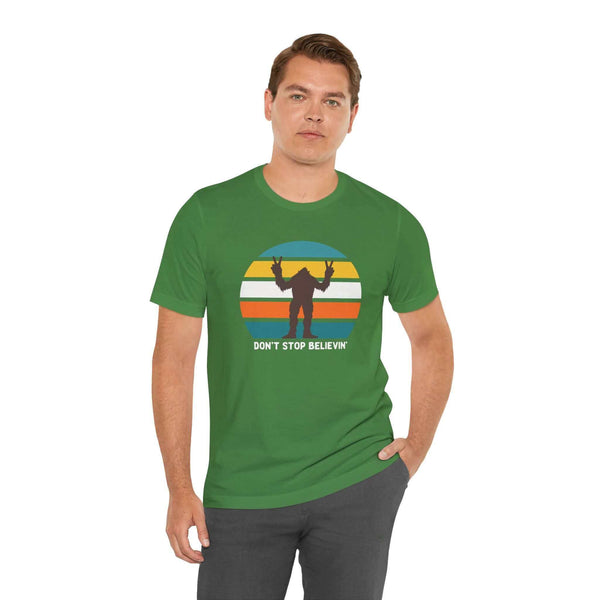 Don't Stop Believin' Bigfoot Soft Tee Channel the legendary spirit of the Pacific Northwest with our "Don't Stop Believin'" Bigfoot Tee. Featuring the iconic phrase "Don't Stop Believin'" alongside a playful Bigfoot graphic, this shirt celebrates the myst