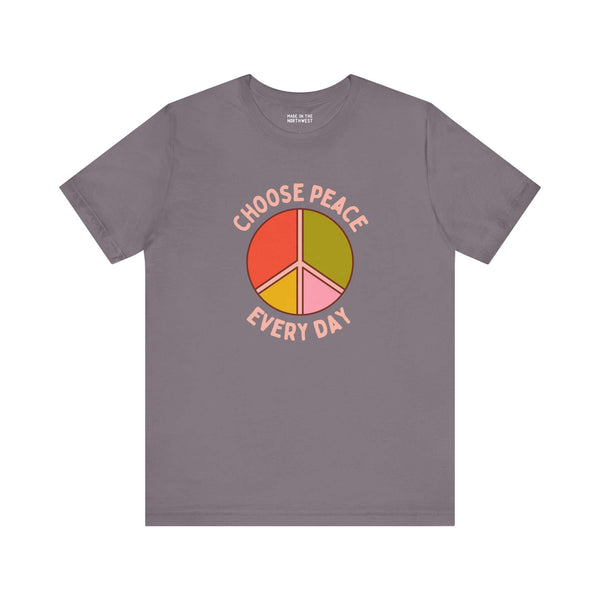 Choose Peace Every Day premium soft tee featuring a colorful peace symbol, perfect for promoting kindness and positivity.