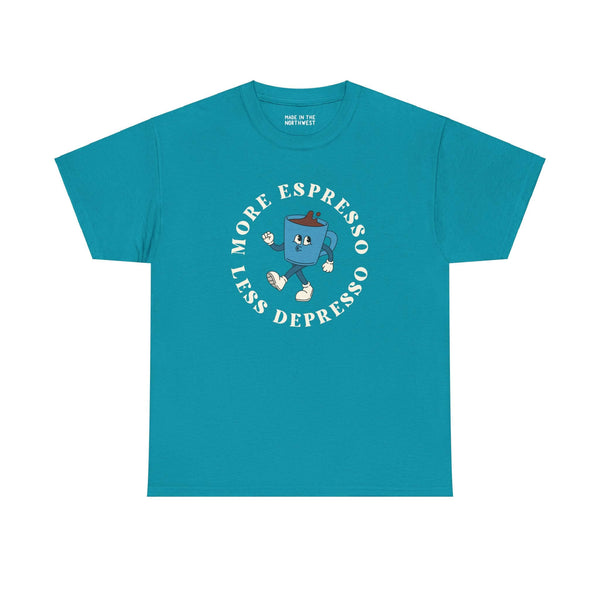 Teal athletic tee with "More Espresso Less Depresso" design, featuring a playful coffee cup illustration, perfect for coffee lovers.