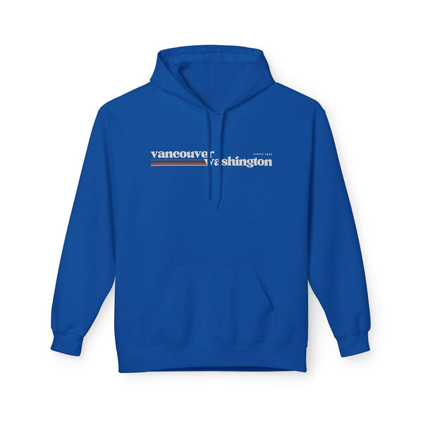 Retro Vancouver Hoodie in blue featuring minimalist Vancouver graphic and soft retro stripes.