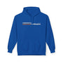 Retro Vancouver Hoodie in blue featuring minimalist Vancouver graphic and soft retro stripes.