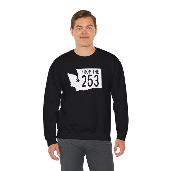 Model wearing a black sweatshirt with 'From the 253' and Washington state silhouette, showcasing Tacoma pride.