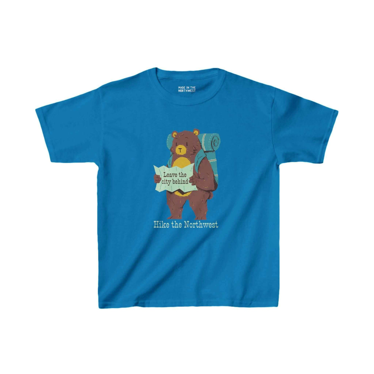 Kids' tee with bear carrying backpack and map, perfect for little explorers and hiking enthusiasts.