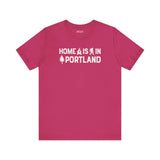 Home Is in Portland Tee – Rose City Pride Shirt in vibrant pink, featuring unique graphics.
