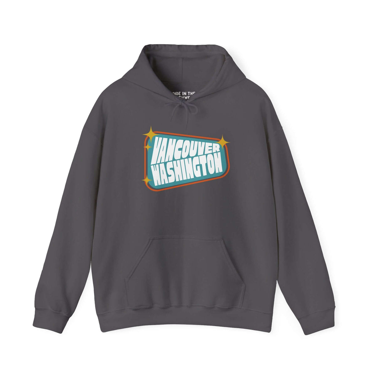 Retro Vancouver Washington sign hoodie in dark gray with bold 50s-inspired design and nostalgic colors.