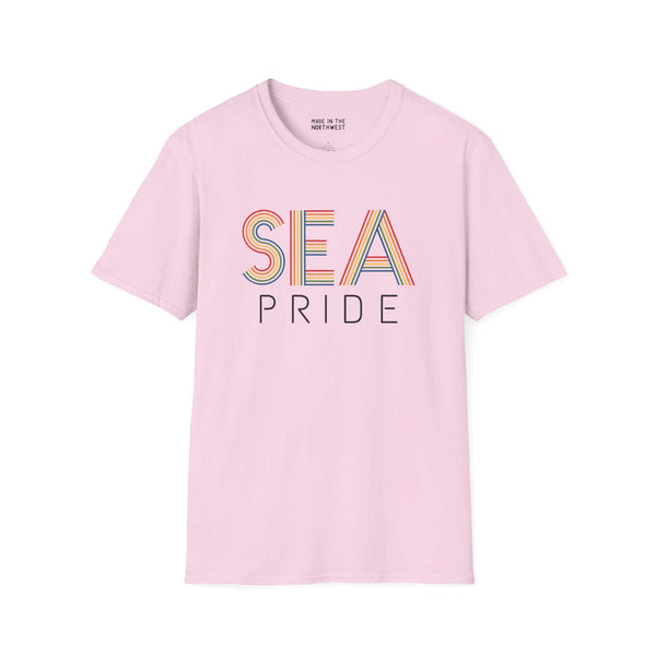 Pride in SEA Rainbow Softstyle T-Shirt in light pink featuring vibrant rainbow city lettering.