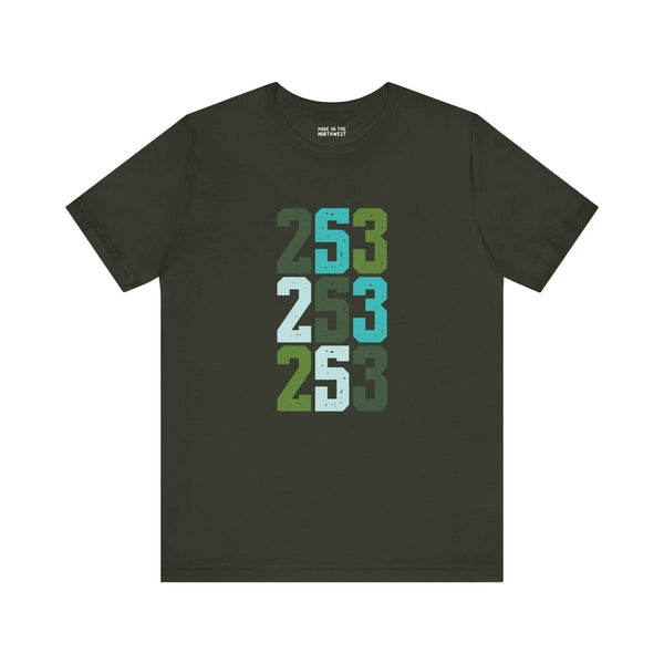 Two-Five-Three Premium Soft Tee in dark green with stacked 253 design, celebrating Tacoma's vibrant spirit.