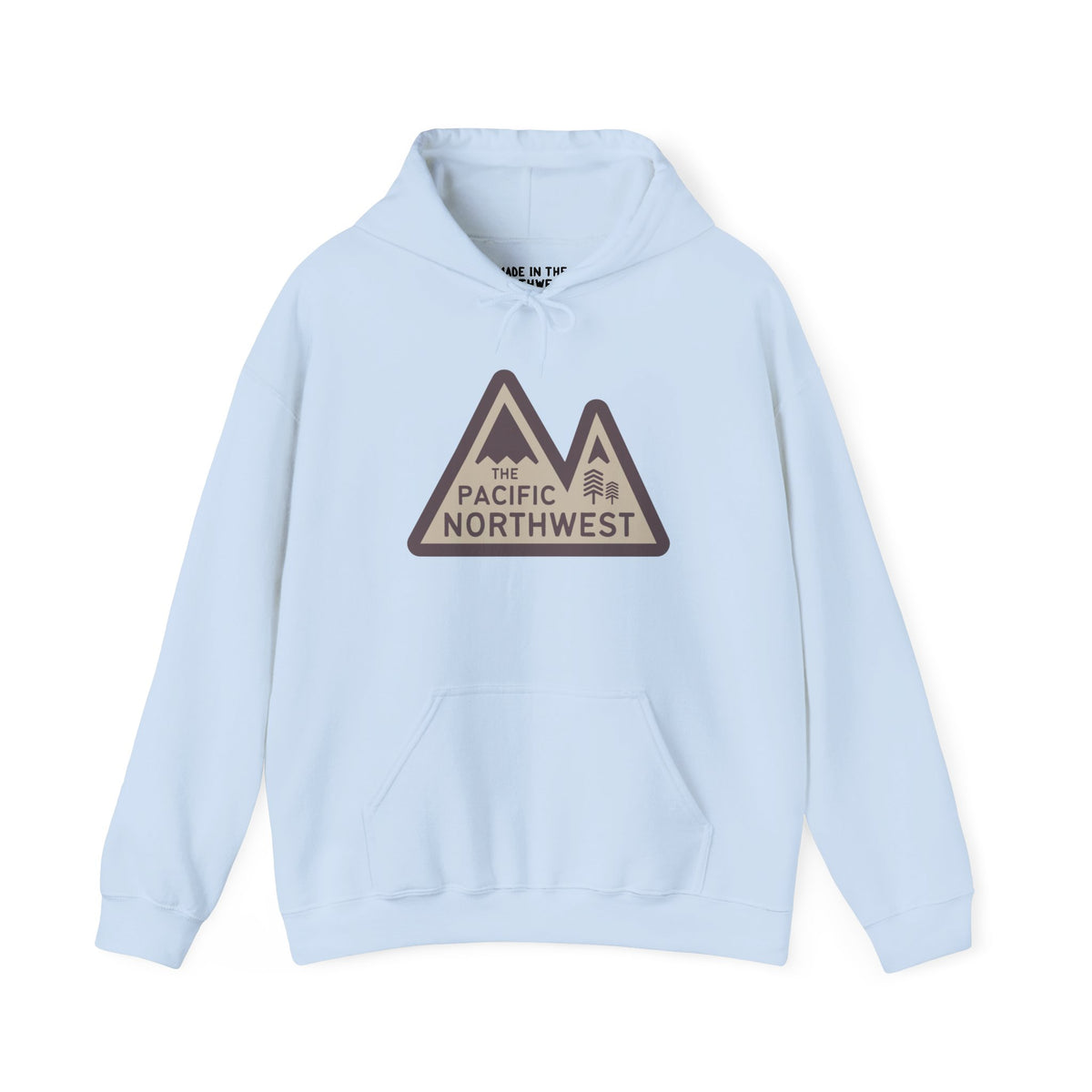 Pacific Northwest Heights hoodie in light blue featuring mountains and bold 'The Pacific Northwest' text design.