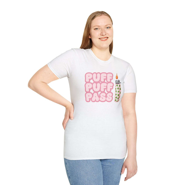 Puff Puff Pass T Shirt featuring a retro cannabis graphic and a patterned lighter illustration.