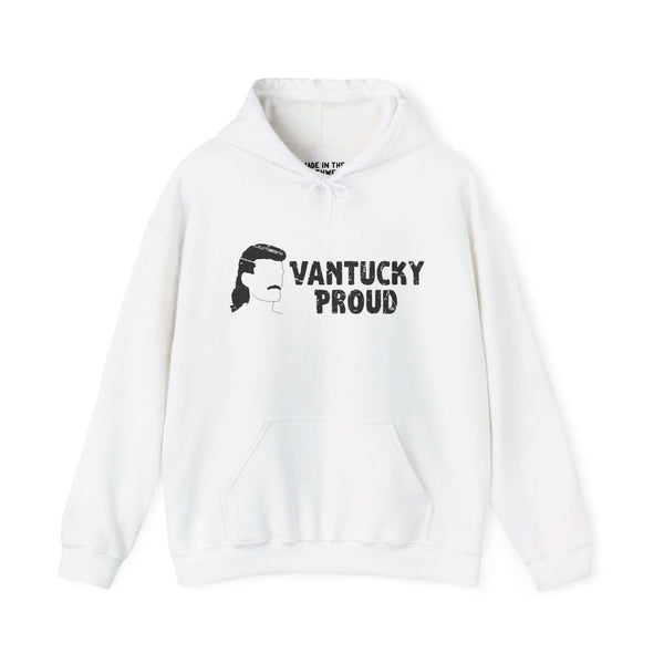 White hoodie with "Vantucky Proud" text and graphic, featuring bold Billy Ray Slammer design, perfect for carefree, energetic style.