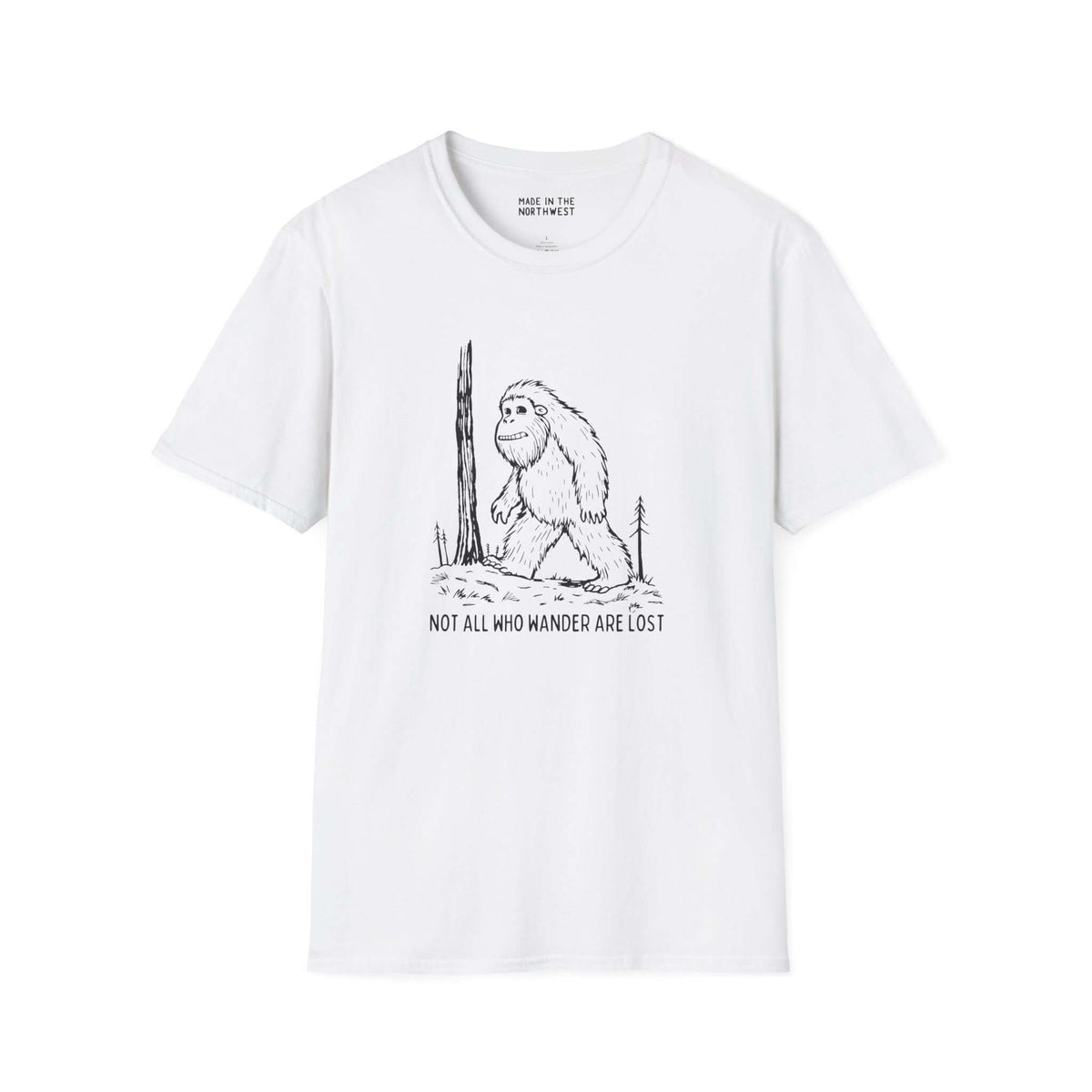 Not All Who Wander Are Lost Bigfoot Softstyle T-Shirt featuring Sasquatch graphic, perfect for PNW explorers.