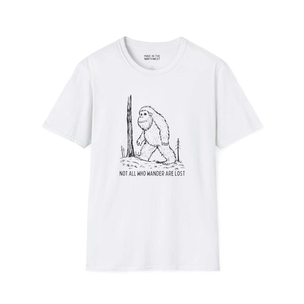 Not All Who Wander Are Lost Bigfoot Softstyle T-Shirt featuring Sasquatch graphic, perfect for PNW explorers.