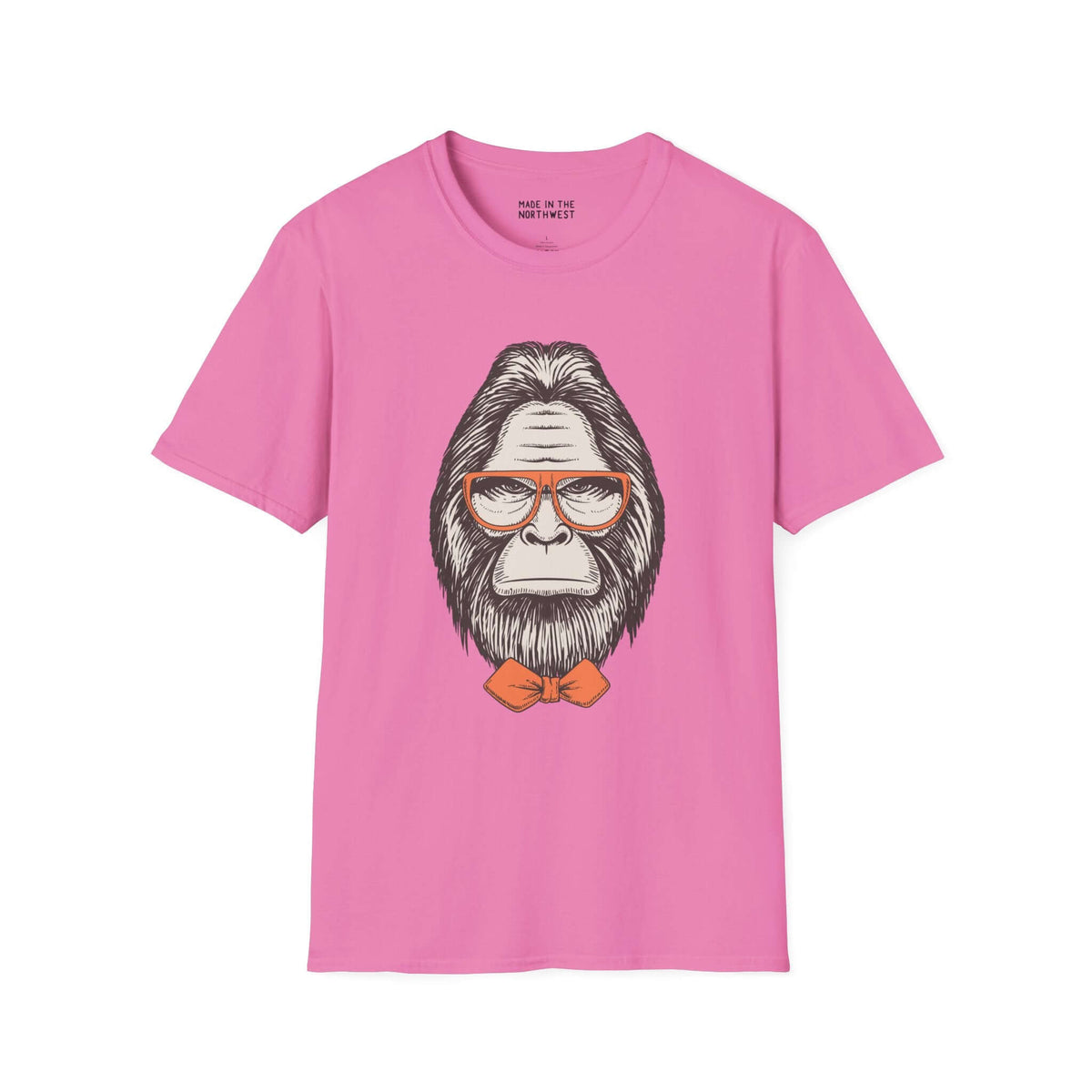 Gentleman of the Woods Bigfoot softstyle t-shirt with bowtie and glasses on pink fabric.