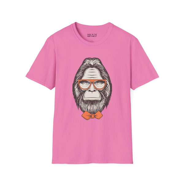 Gentleman of the Woods Bigfoot softstyle t-shirt with bowtie and glasses on pink fabric.