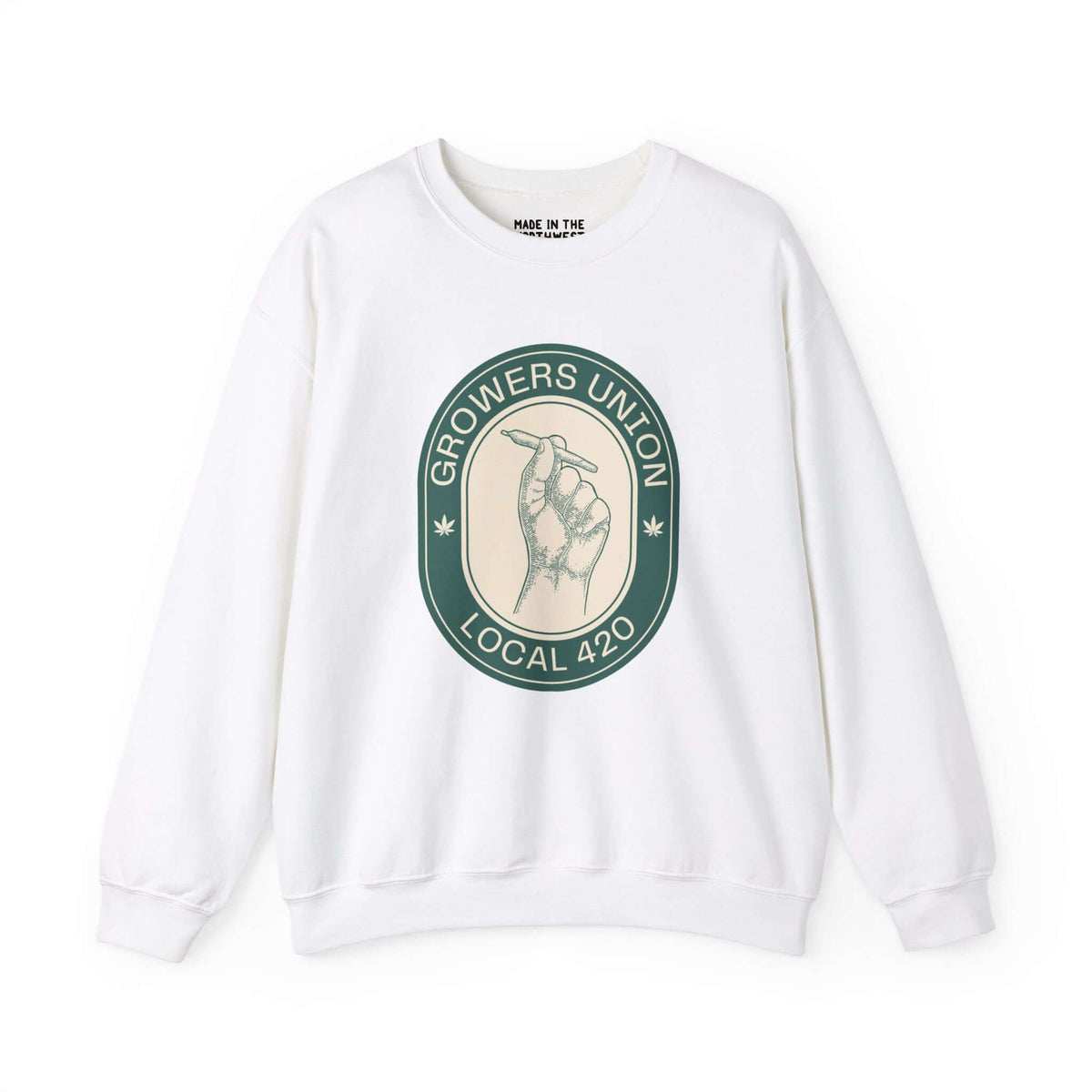 Grower's Union Local 420 sweatshirt with hand holding joint illustration, celebrating 420 culture in white casual apparel.