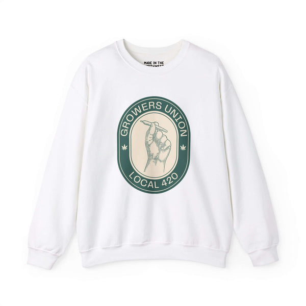 Grower's Union Local 420 sweatshirt with hand holding joint illustration, celebrating 420 culture in white casual apparel.